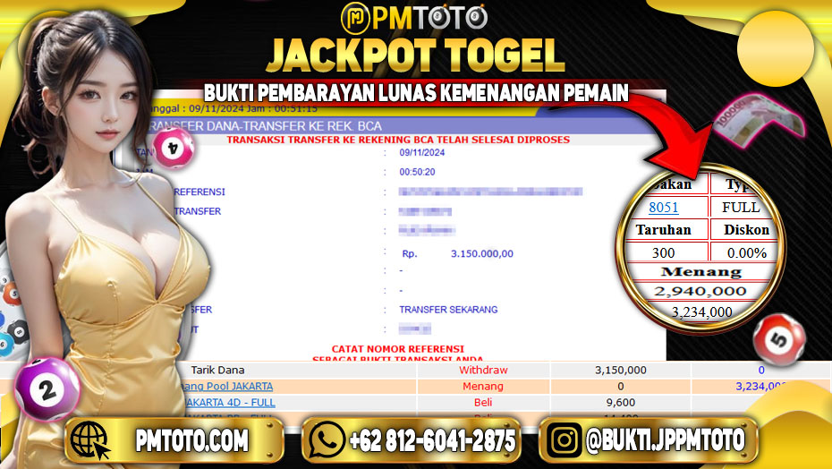 Selamat Kepada Member PMTOTO JACKPOT JAKARTA Rp.3.150.000.,- LUNAS