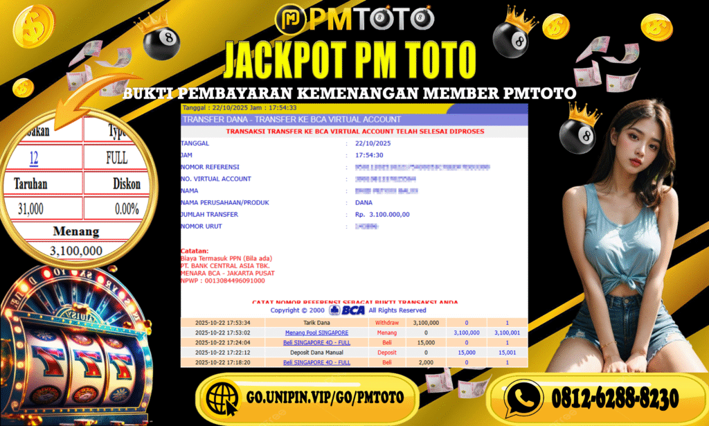 SELAMAT KEPADA MEMBER PMTOTO JACKPOT SINGAPORE Rp.3.100.000.,- LUNAS