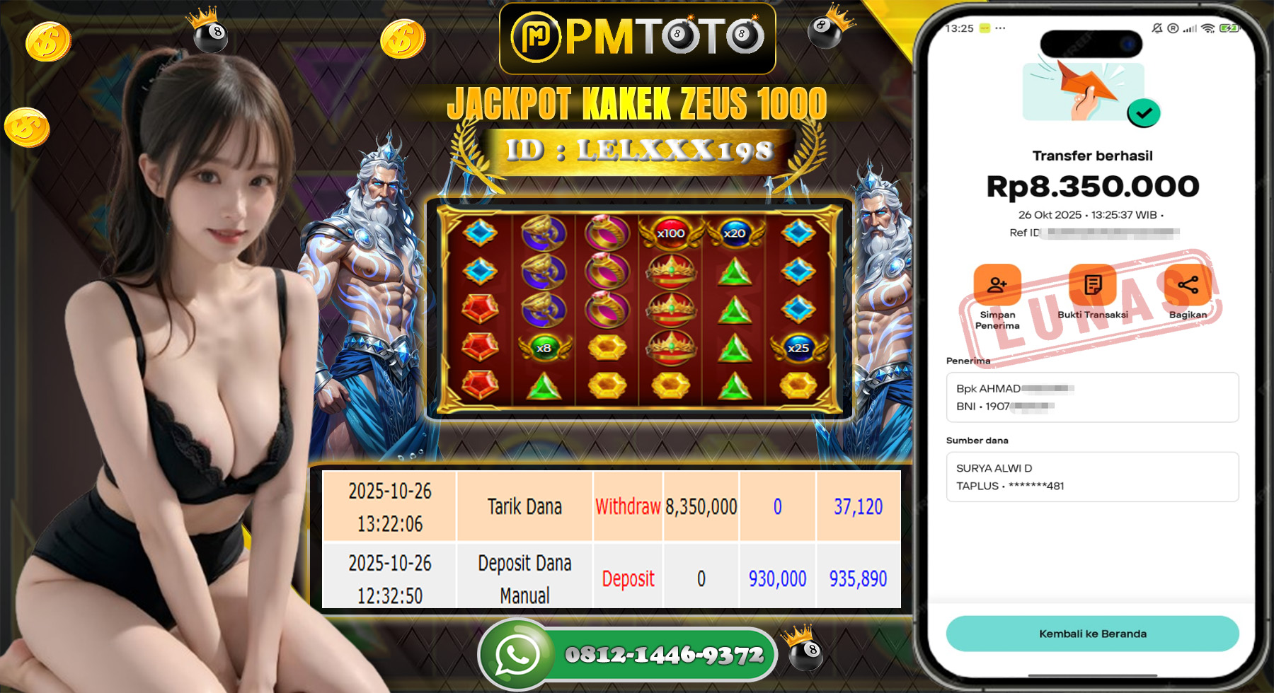 SELAMAT KEPADA MEMBER PMTOTO JACKPOT KAKEK ZEUSS Rp.8.350.000.,- LUNAS