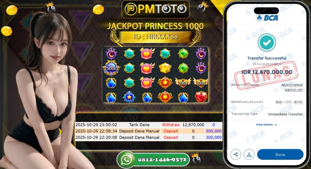 SELAMAT KEPADA MEMBER PMTOTO JACKPOT PRINCES 1000 Rp.12.670.000.,- LUNAS