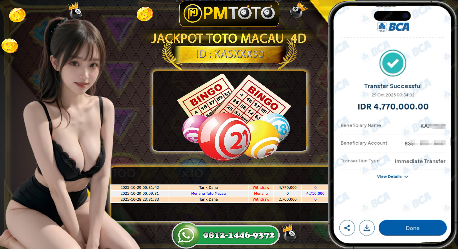 SELAMAT KEPADA MEMBER PMTOTO JACKPOT TOTO MACAU 4D Rp.4.770.000.,- LUNAS