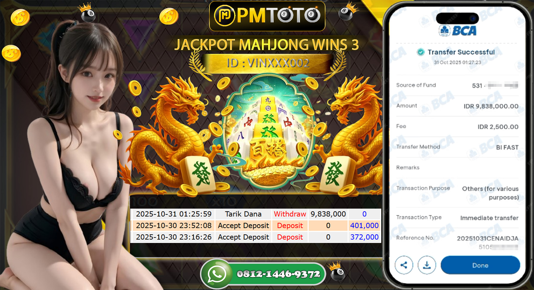 SELAMAT KEPADA MEMBER PMTOTO JACKPOT MAHJONG WINS 3 Rp.9.838.000.,- LUNAS