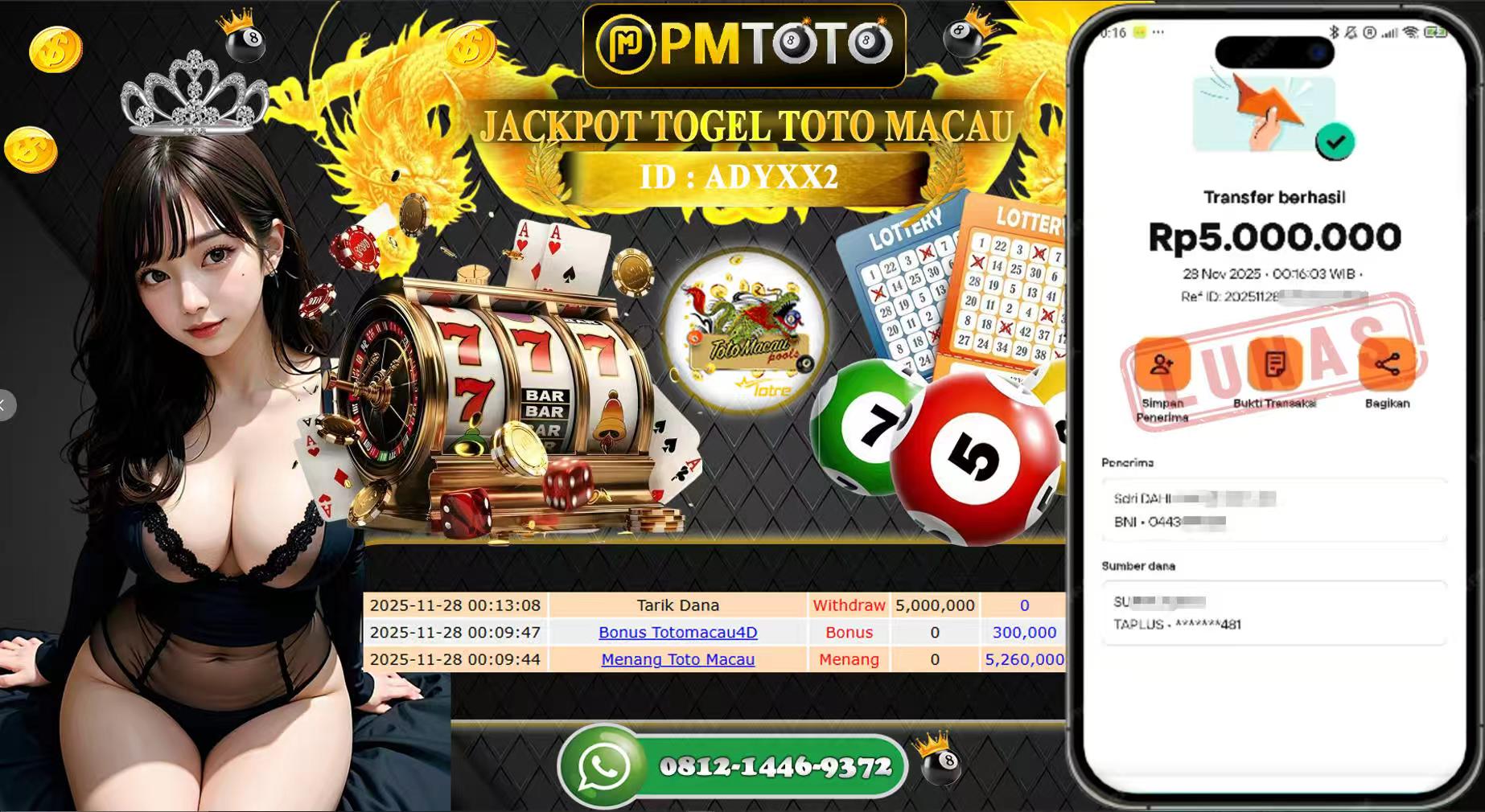 SELAMAT KEPADA MEMBER PMTOTO JACKPOT TOGEL TOTO MACAU Rp.5.000.000.,- LUNAS