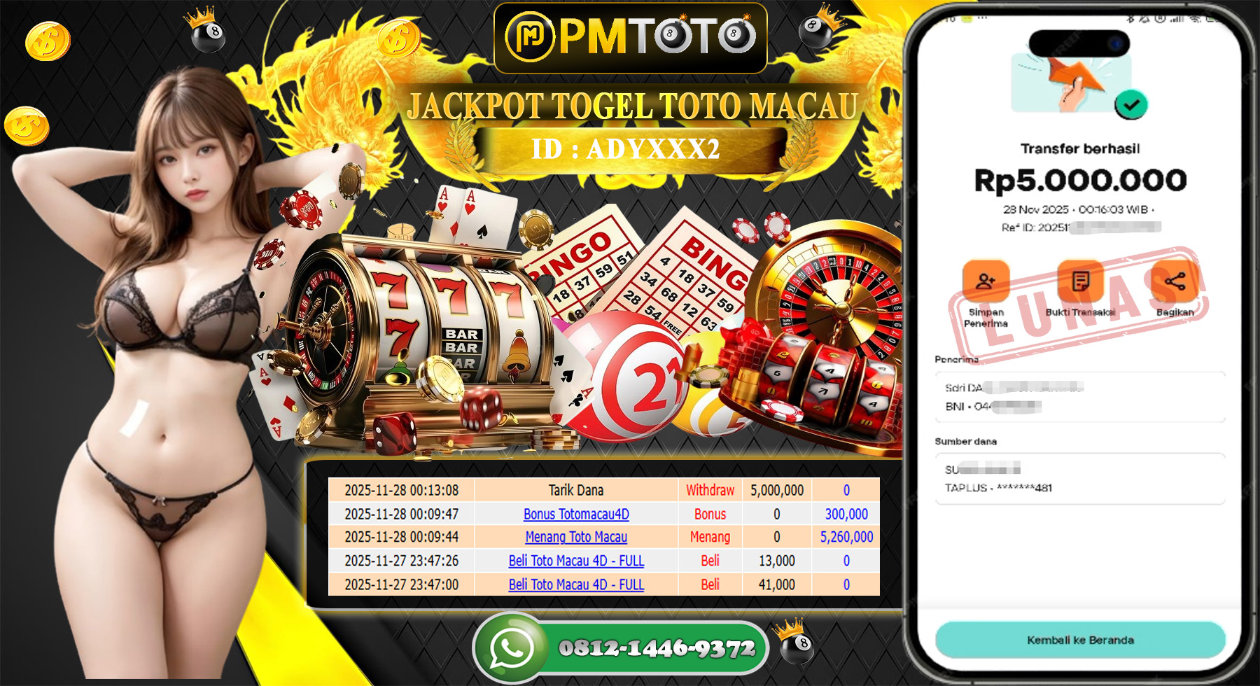 SELAMAT KEPADA MEMBER PMTOTO JACKPOT TOGEL TOTO MACAU Rp.5.000.000.,- LUNAS