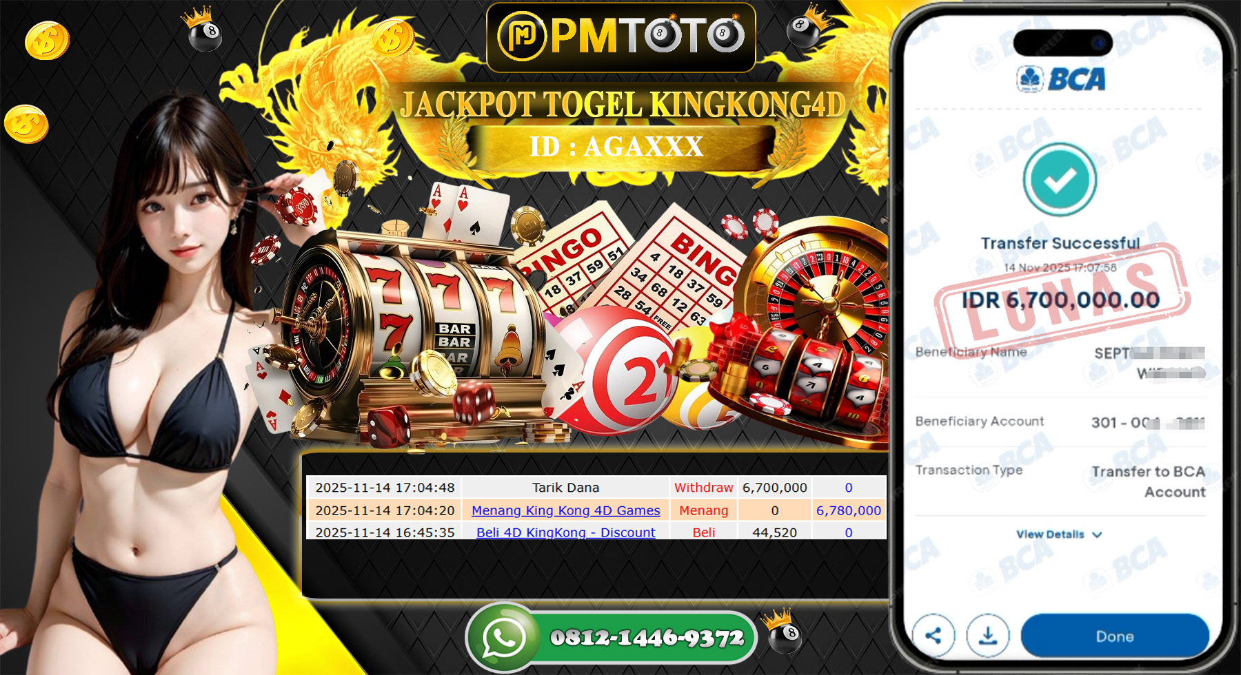 SELAMAT KEPADA MEMBER PMTOTO JACKPOT TOGEL KINGKONG 4D Rp.6.700.000.,- LUNAS
