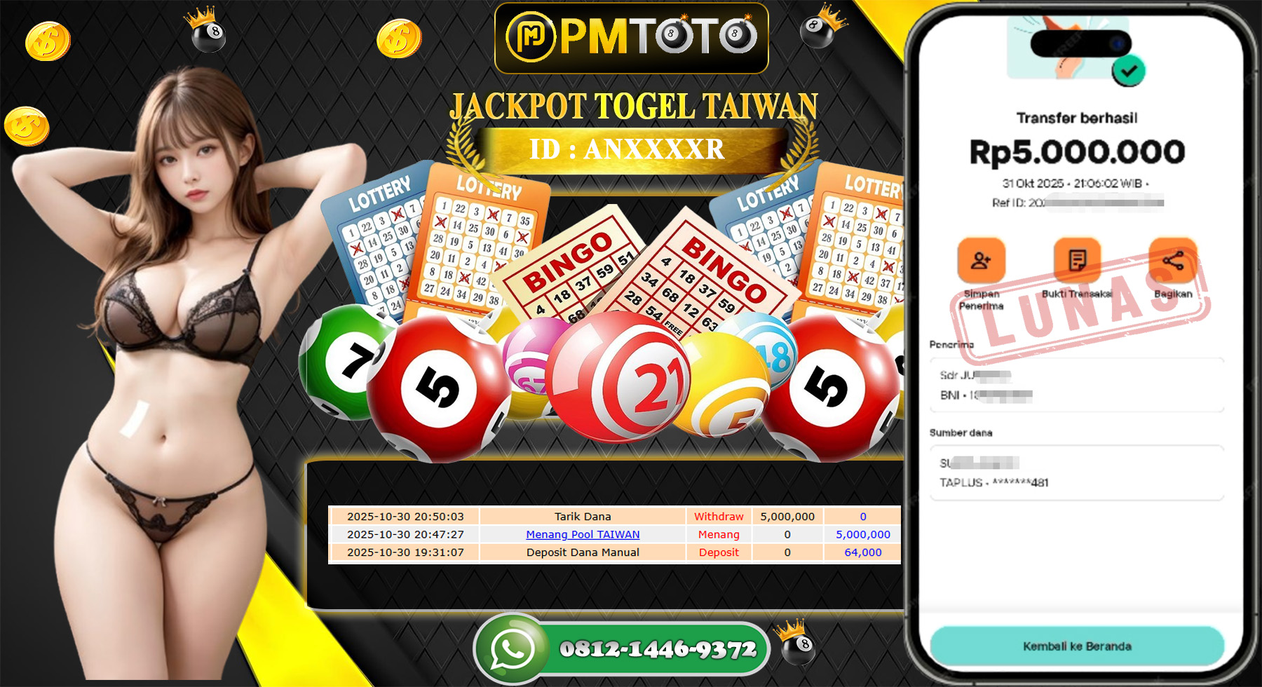SELAMAT KEPADA MEMBER PMTOTO JACKPOT TAIWAN Rp.5.000.000.,- LUNAS
