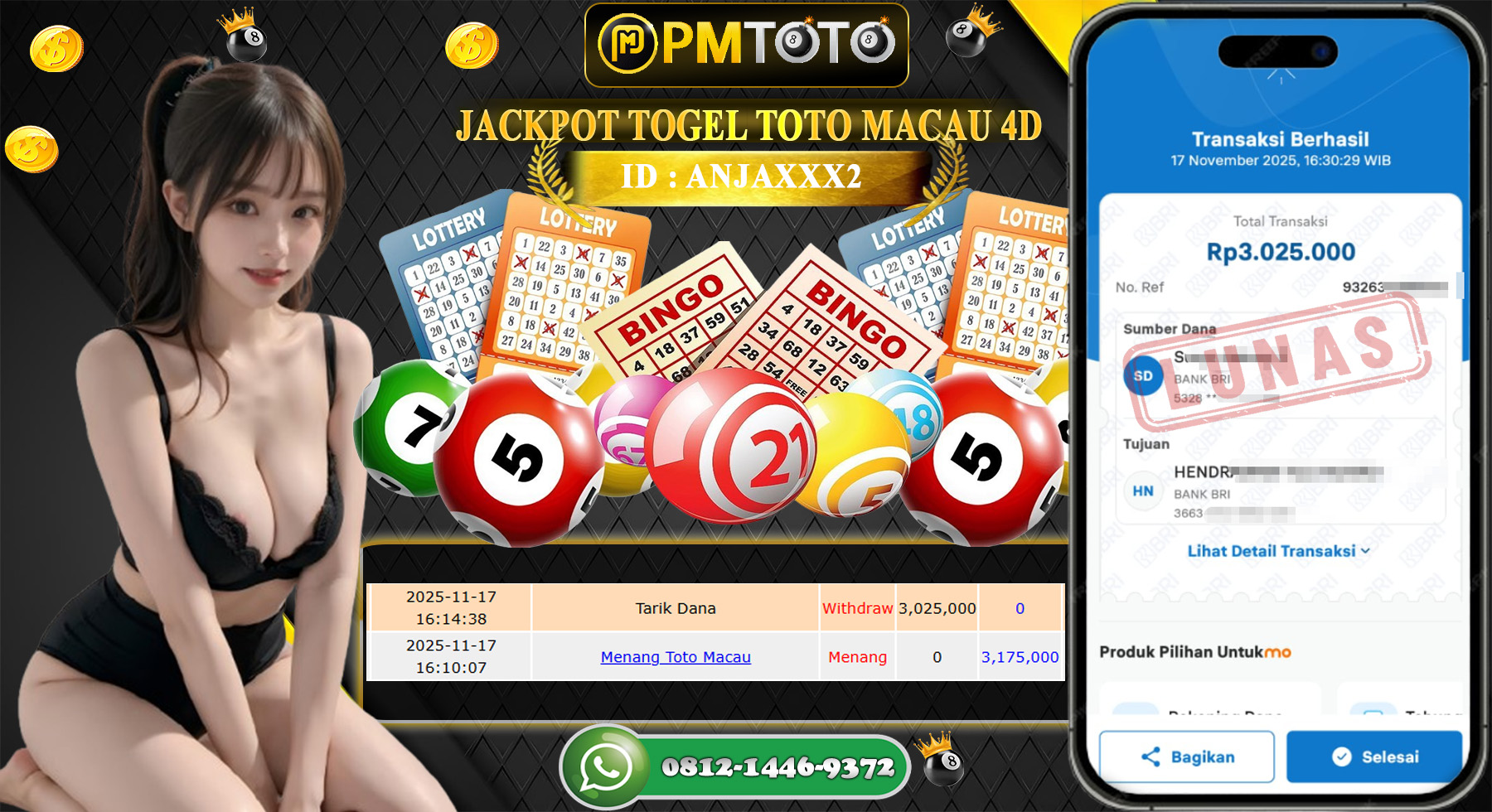 SELAMAT KEPADA MEMBER PMTOTO JACKPOT TOGEL TOTO MACAU 4D Rp.3.025.000.,- LUNAS