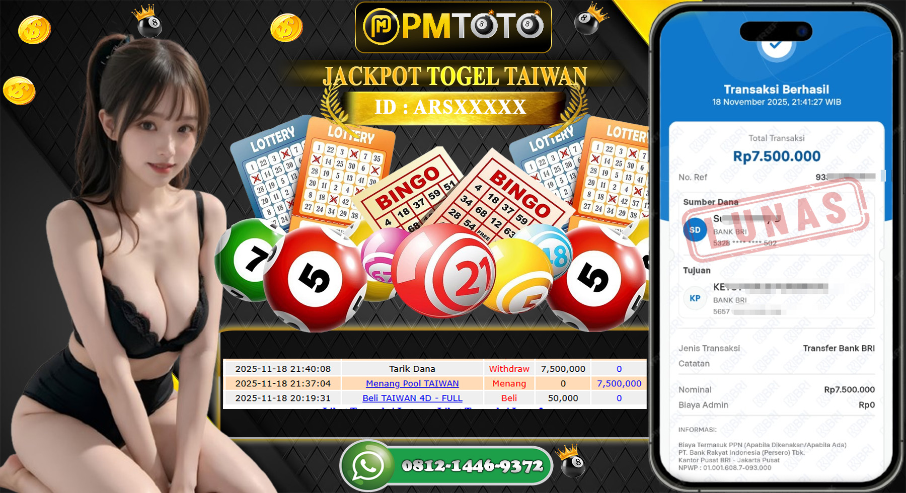 SELAMAT KEPADA MEMBER PMTOTO JACKPOT TOGEL TOTO TAIWAN Rp.7.500.000.,- LUNAS