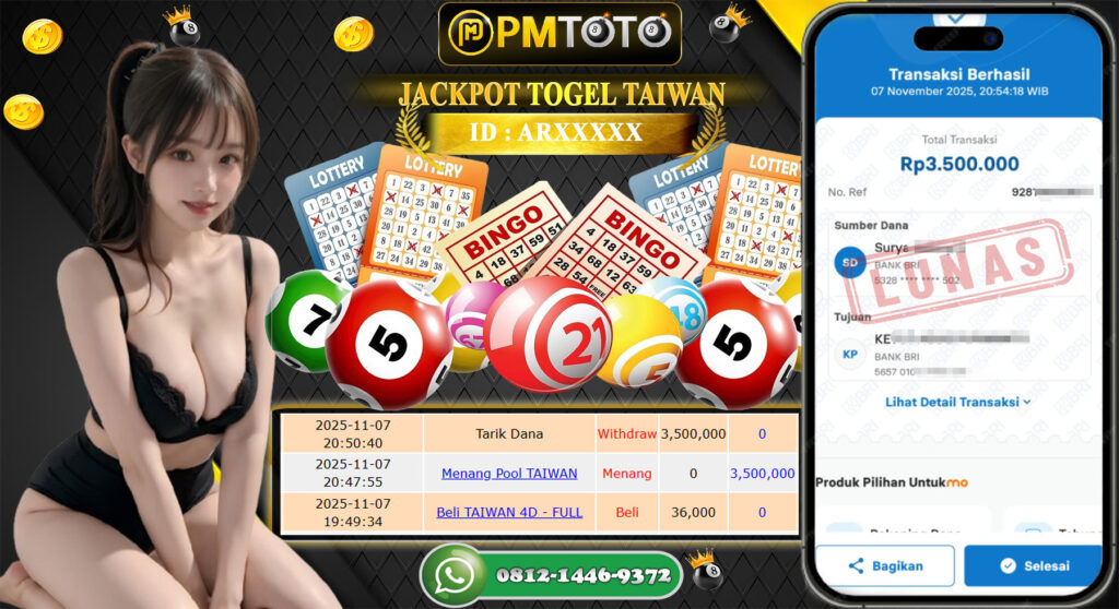 SELAMAT KEPADA MEMBER PMTOTO JACKPOT TOGEL TAIWAN  Rp.3.500.000.,- LUNAS