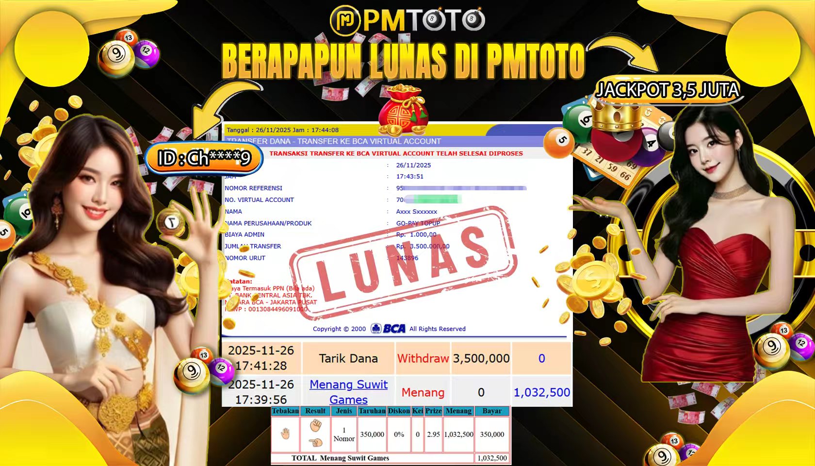 SELAMAT KEPADA MEMBER PMTOTO JACKPOT SUWIT GAMES Rp.3.500.000.,- LUNAS