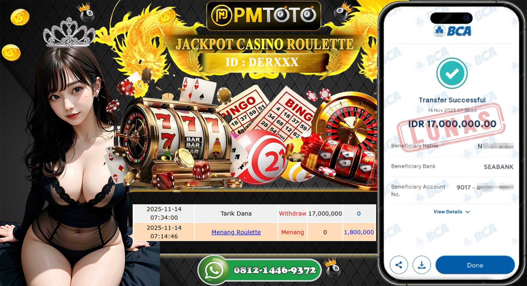 SELAMAT KEPADA MEMBER PMTOTO JACKPOT CASINO ROULETTE Rp.17.000.000.,- LUNAS