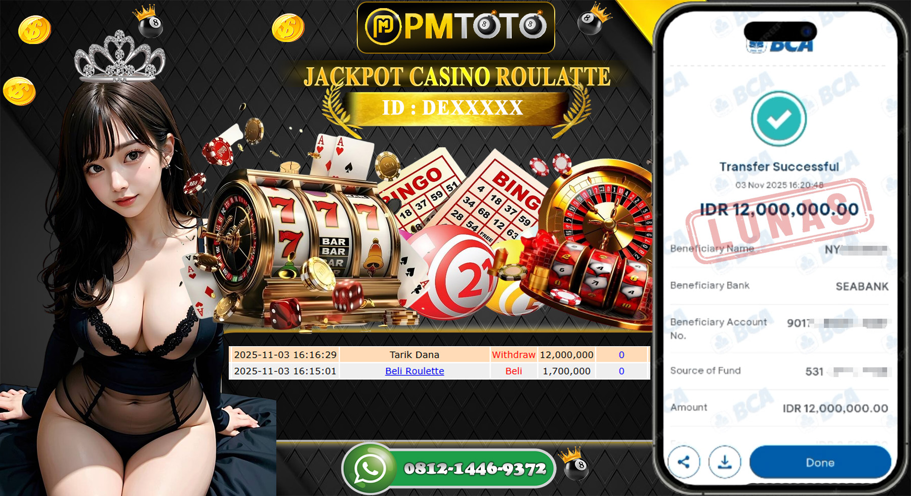 SELAMAT KEPADA MEMBER PMTOTO JACKPOT CASINO ROULATTE  Rp.12.000.000.,- LUNAS