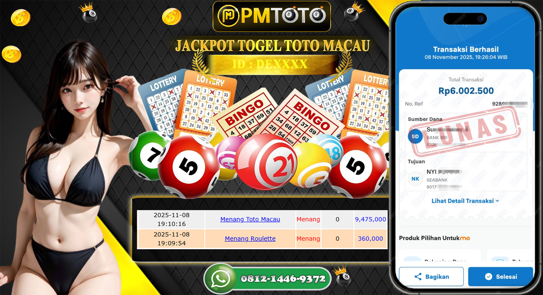 SELAMAT KEPADA MEMBER PMTOTO JACKPOT TOGEL TOTO MACAU Rp.6.000.000.,- LUNAS