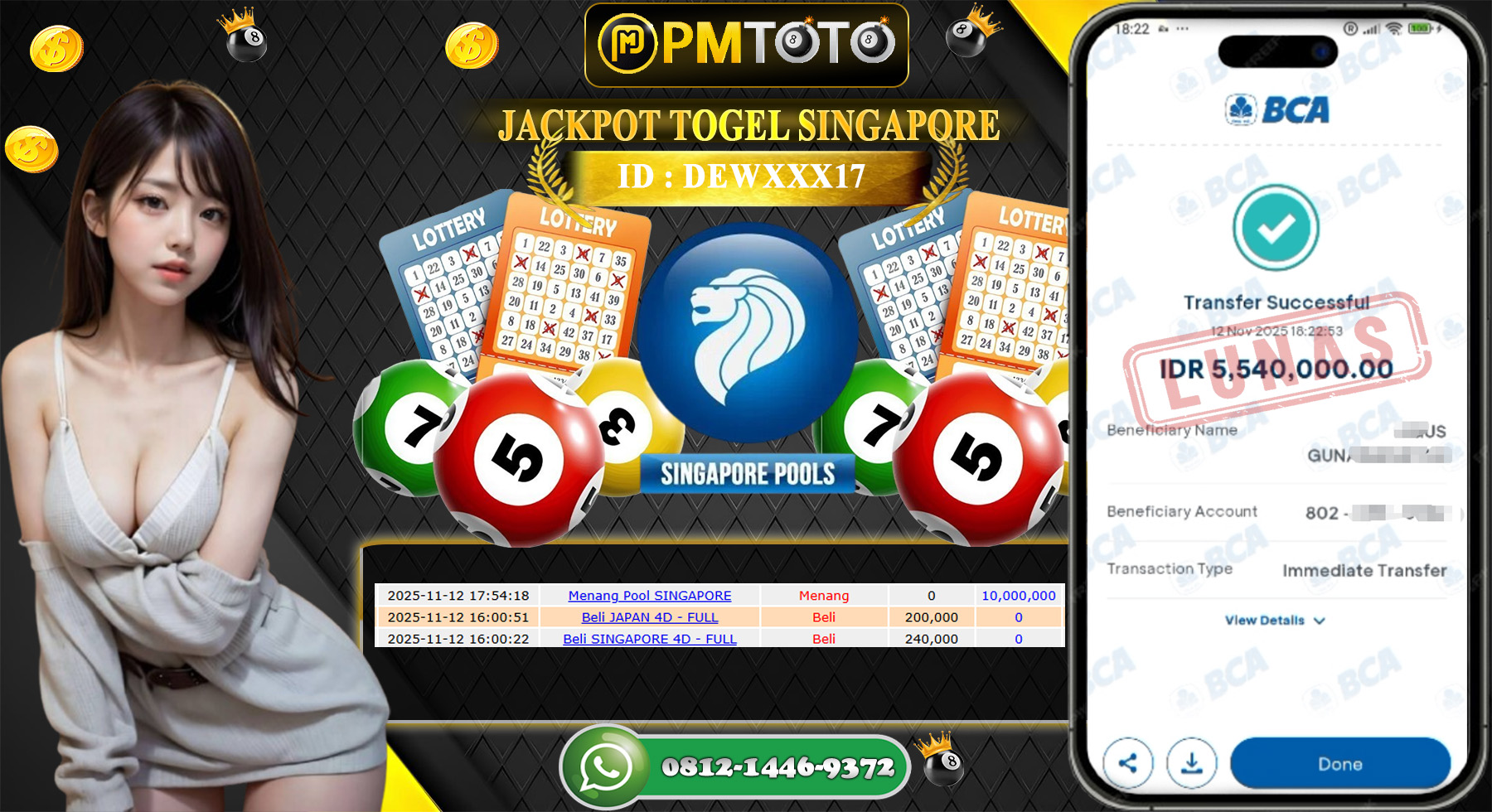 SELAMAT KEPADA MEMBER PMTOTO JACKPOT TOGEL SINGAPORE Rp.10.000.000.,- LUNAS
