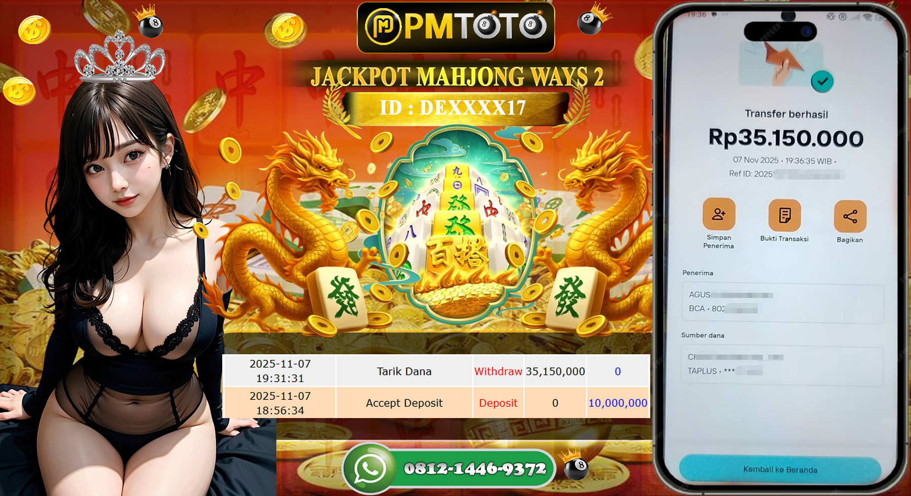SELAMAT KEPADA MEMBER PMTOTO JACKPOT SLOT MAHJONG WAYS 2  Rp.35.150.000.,- LUNAS