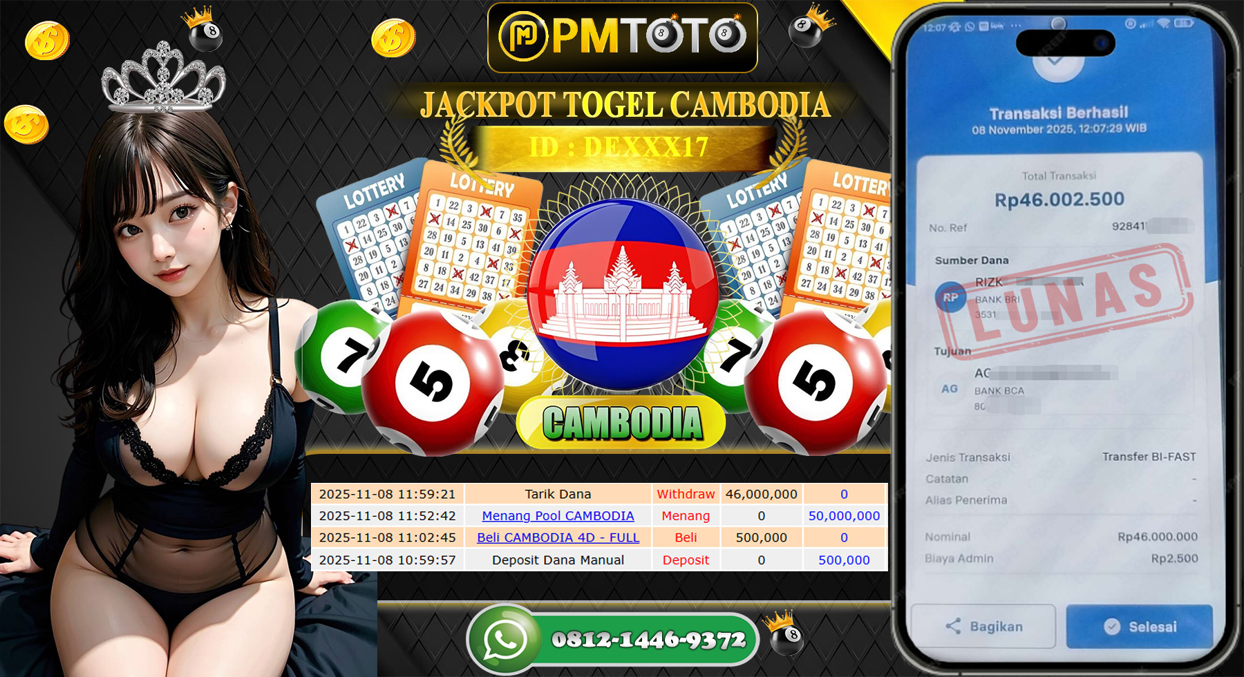 SELAMAT KEPADA MEMBER PMTOTO JACKPOT TOGEL CAMBODIA  Rp.46.000.000.,- LUNAS