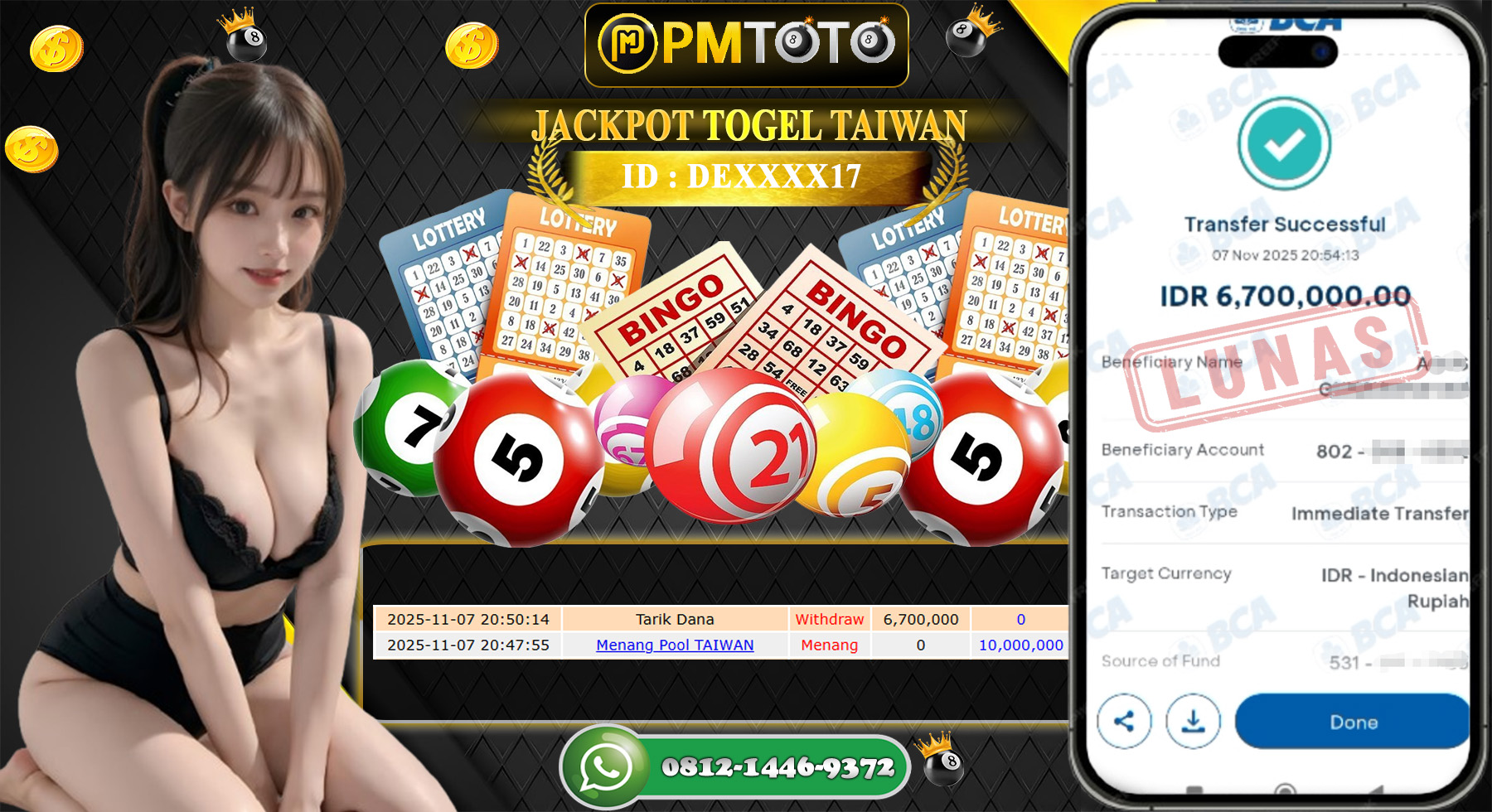 SELAMAT KEPADA MEMBER PMTOTO JACKPOT TOGEL TAIWAN  Rp.6.700.000.,- LUNAS