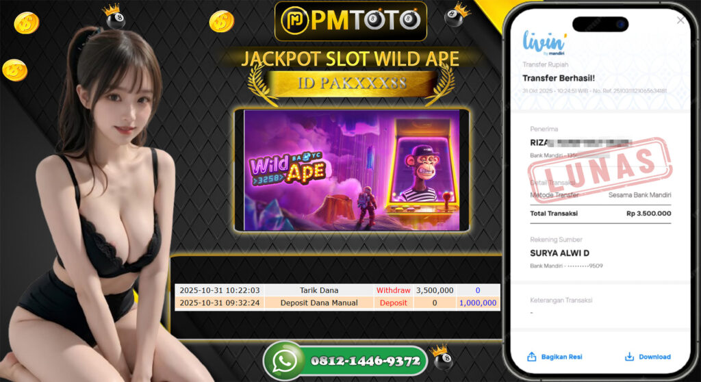 SELAMAT KEPADA MEMBER PMTOTO JACKPOT SLOT WILD APE Rp.3.500.000.,- LUNAS