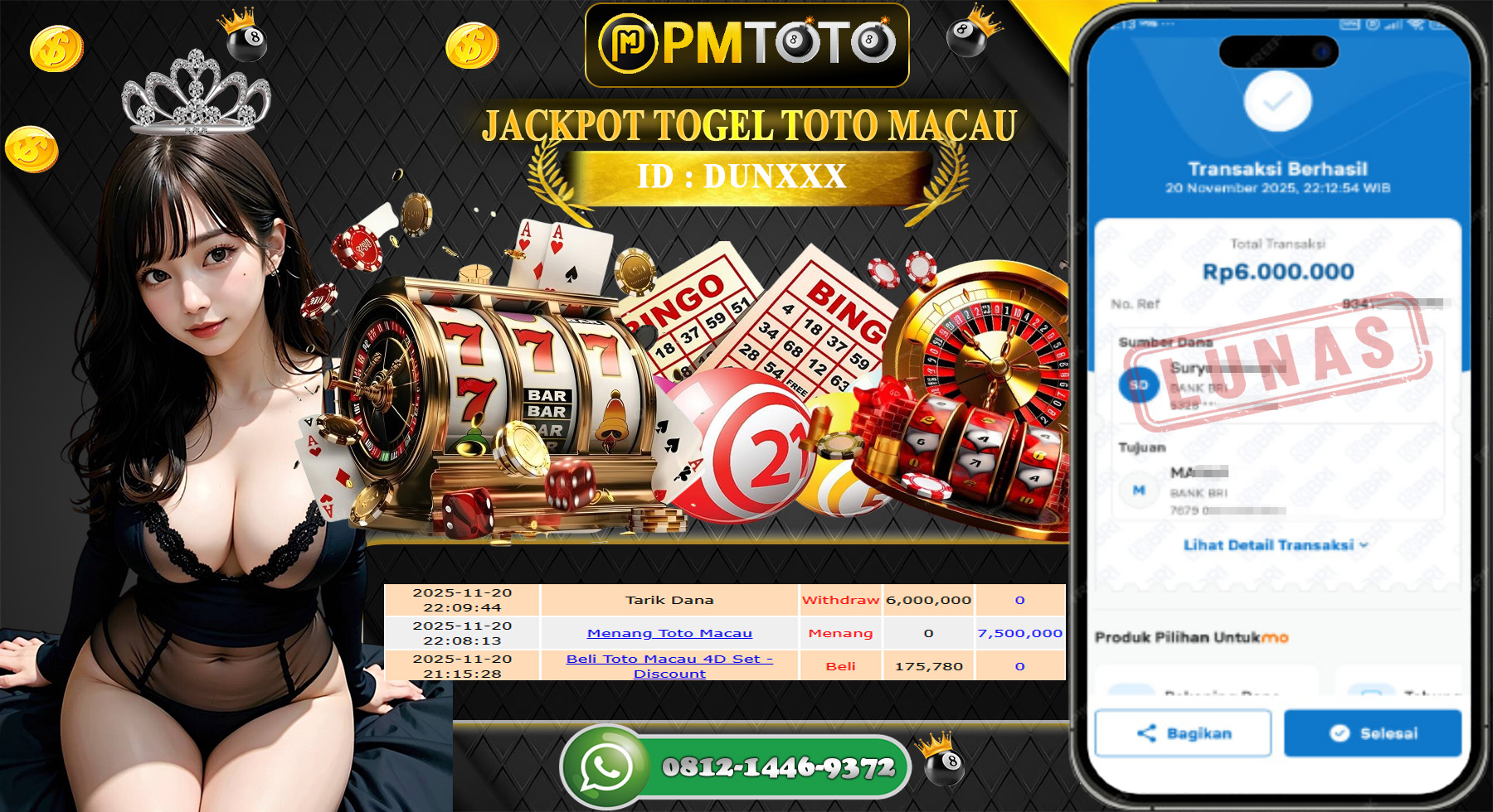 SELAMAT KEPADA MEMBER PMTOTO JACKPOT TOGEL TOTO MACAU 4D Rp.6.000.000.,- LUNAS