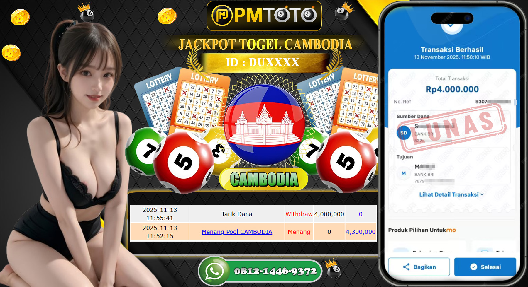 SELAMAT KEPADA MEMBER PMTOTO JACKPOT TOGEL CAMBODIA 4D Rp.4.000.000.,- LUNAS