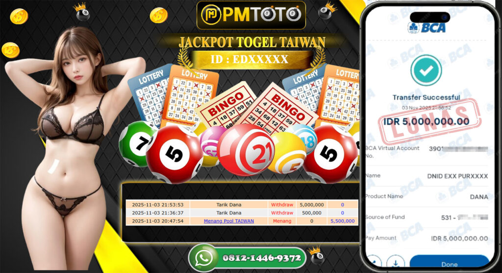 SELAMAT KEPADA MEMBER PMTOTO JACKPOT TOGEL TAIWAN  Rp.5.000.000.,- LUNAS