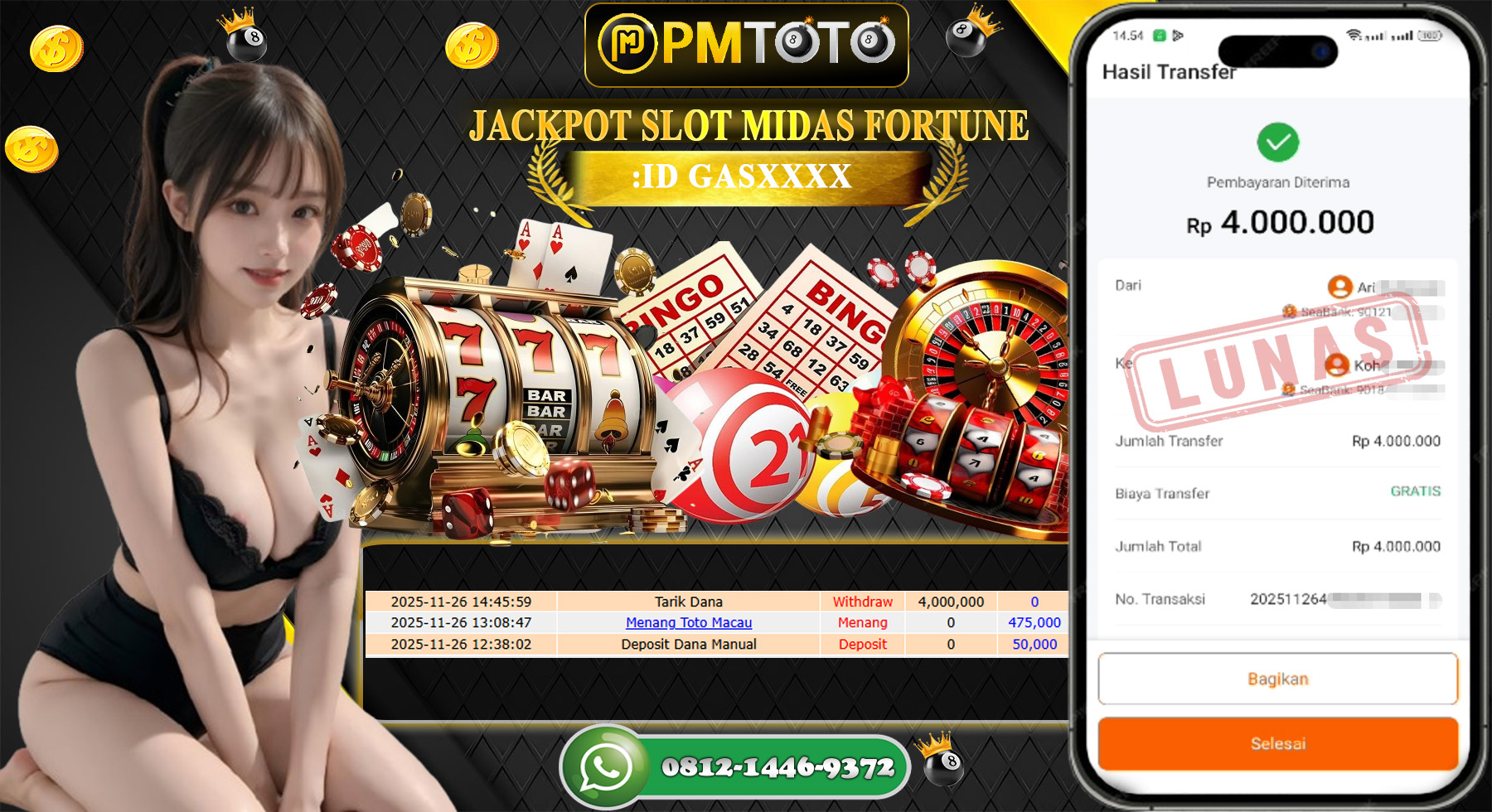 SELAMAT KEPADA MEMBER PMTOTO JACKPOT TOGEL TOTO MACAU Rp.4.000.000.,- LUNAS