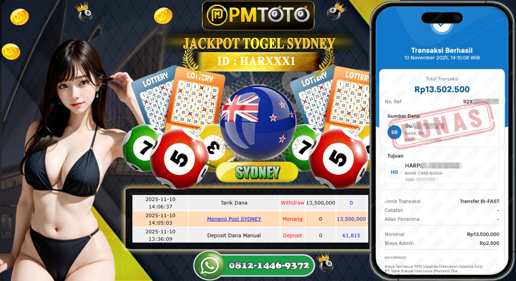SELAMAT KEPADA MEMBER PMTOTO JACKPOT TOGEL SYDNEY Rp.13.500.000.,- LUNAS