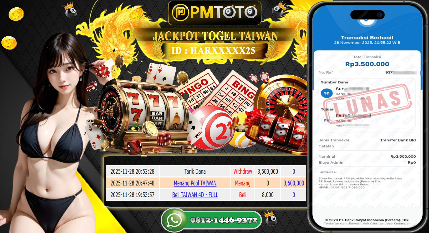 SELAMAT KEPADA MEMBER PMTOTO JACKPOT TOGEL TAIWAN Rp.3.500.000.,- LUNAS