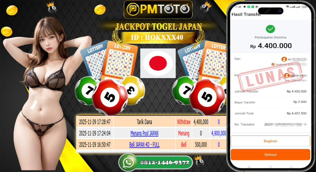 SELAMAT KEPADA MEMBER PMTOTO JACKPOT TOGEL JAPAN Rp.4.400.000.,- LUNAS