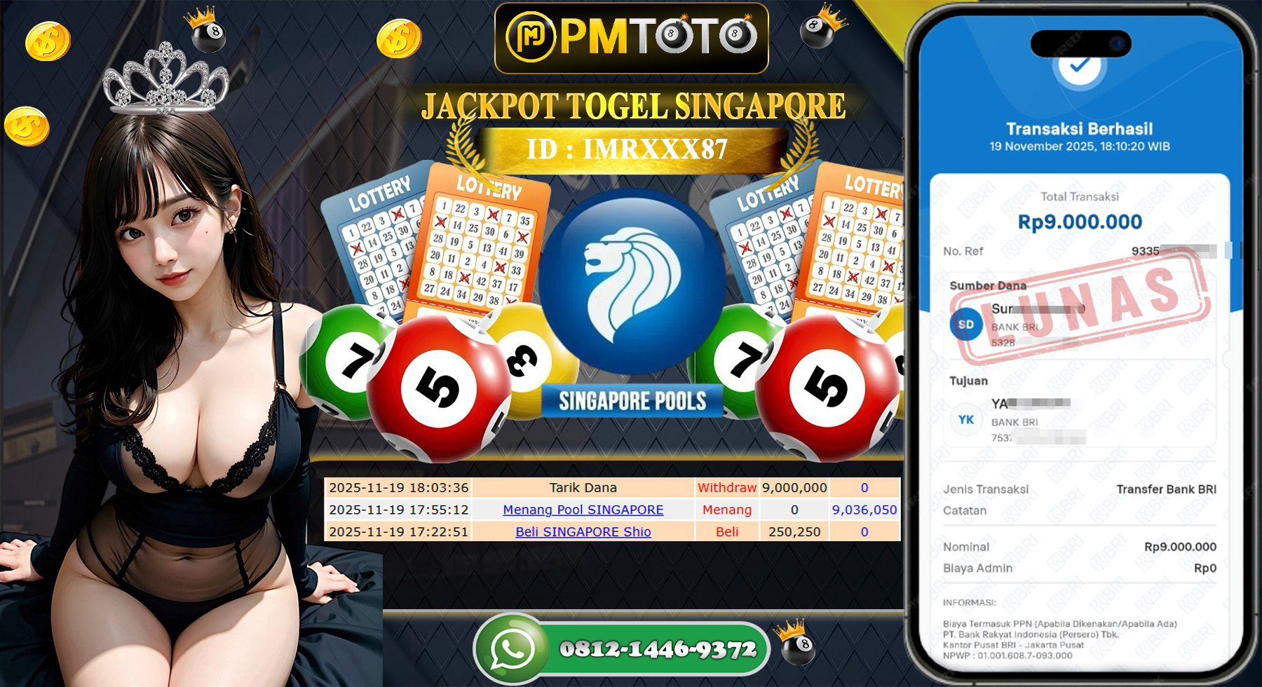 SELAMAT KEPADA MEMBER PMTOTO JACKPOT TOGEL TOTO SINGAPORE Rp.9.000.000.,- LUNAS