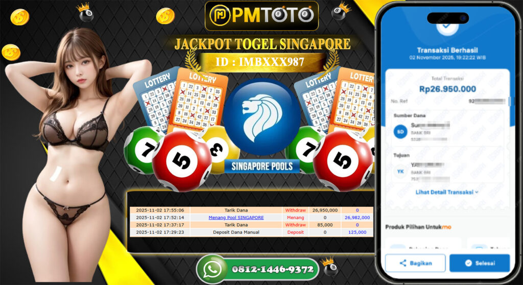 SELAMAT KEPADA MEMBER PMTOTO JACKPOT TOGEL SINGAPORE  Rp.26.950.000.,- LUNAS