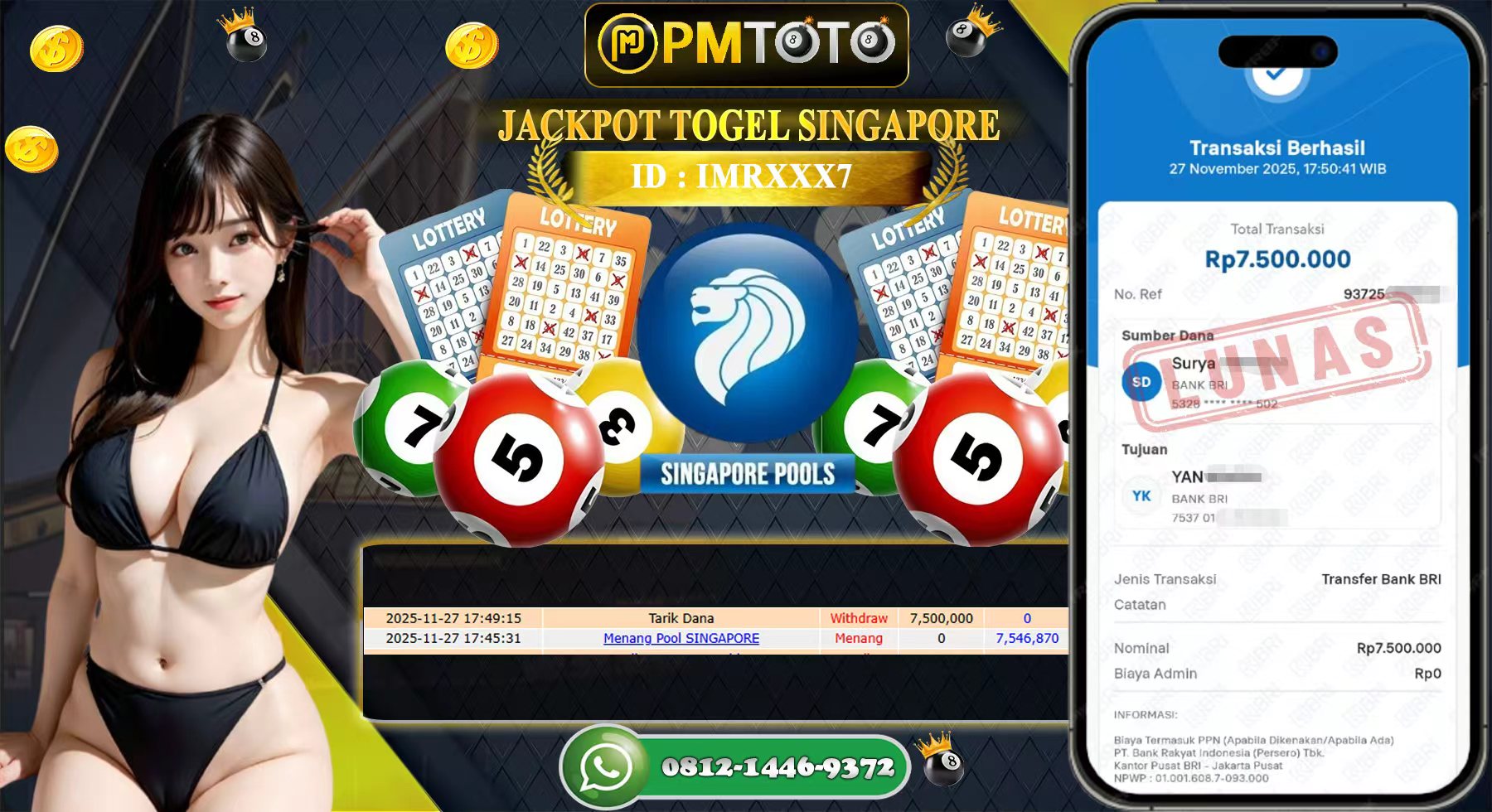SELAMAT KEPADA MEMBER PMTOTO JACKPOT TOGEL SINGAPORE Rp.7.500.000.,- LUNAS