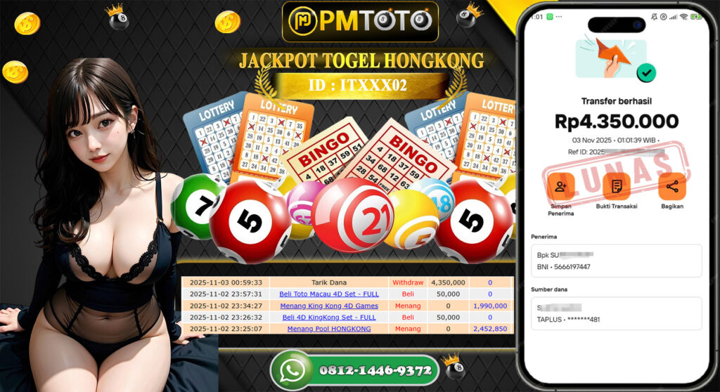 SELAMAT KEPADA MEMBER PMTOTO JACKPOT TOGEL HONGKONG  Rp.4.350.000.,- LUNAS