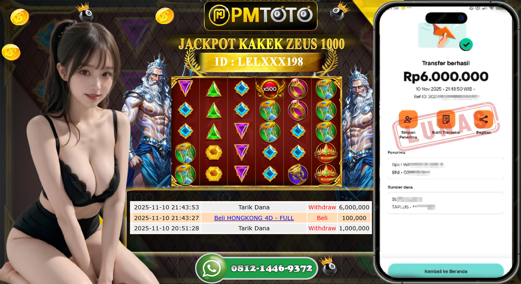 SELAMAT KEPADA MEMBER PMTOTO SLOT ZEUS SUPER SCARATTER Rp.6.000.000.,- LUNAS