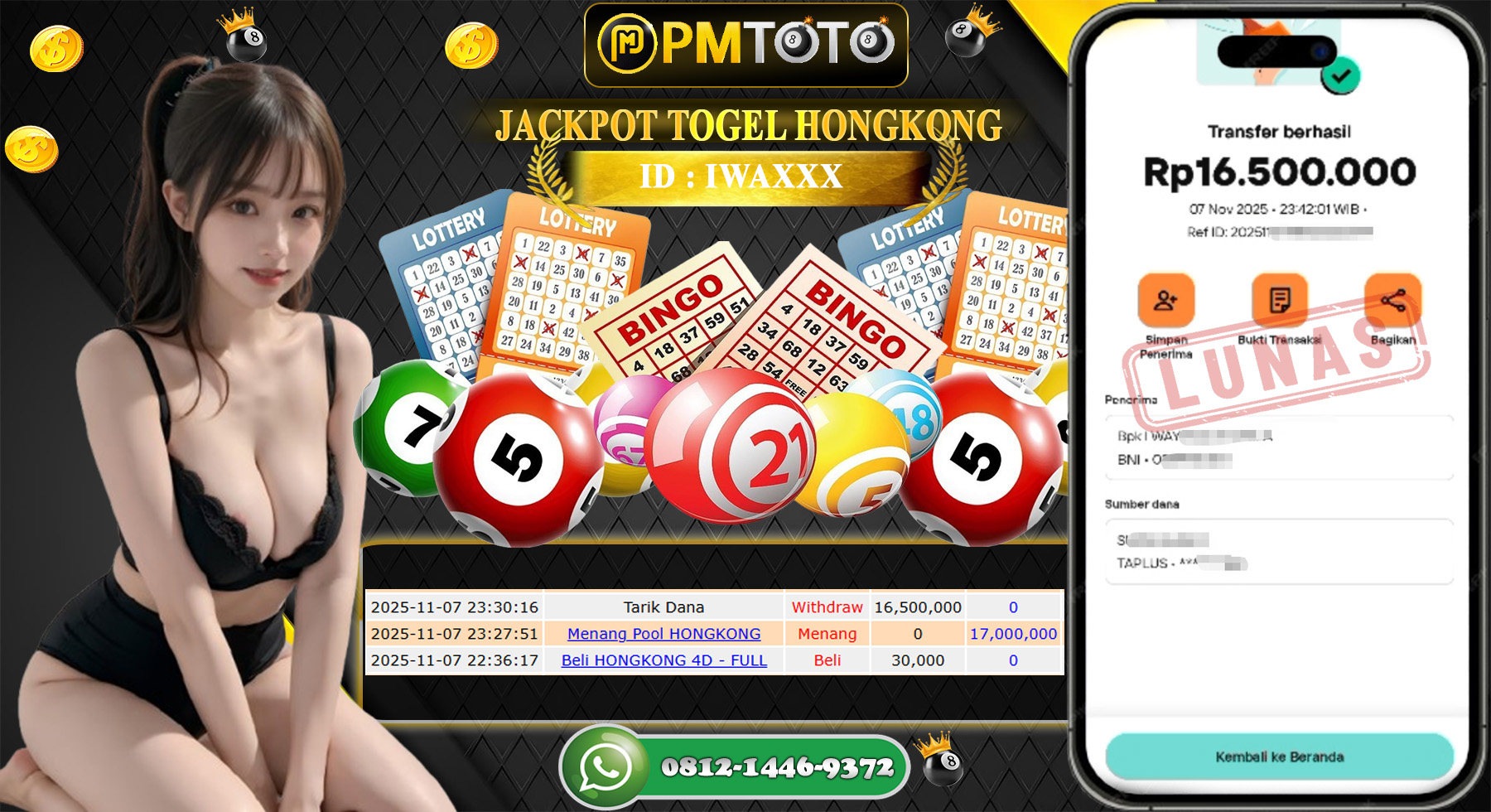 SELAMAT KEPADA MEMBER PMTOTO JACKPOT TOGEL HONGKONG  Rp.16.500.000.,- LUNAS