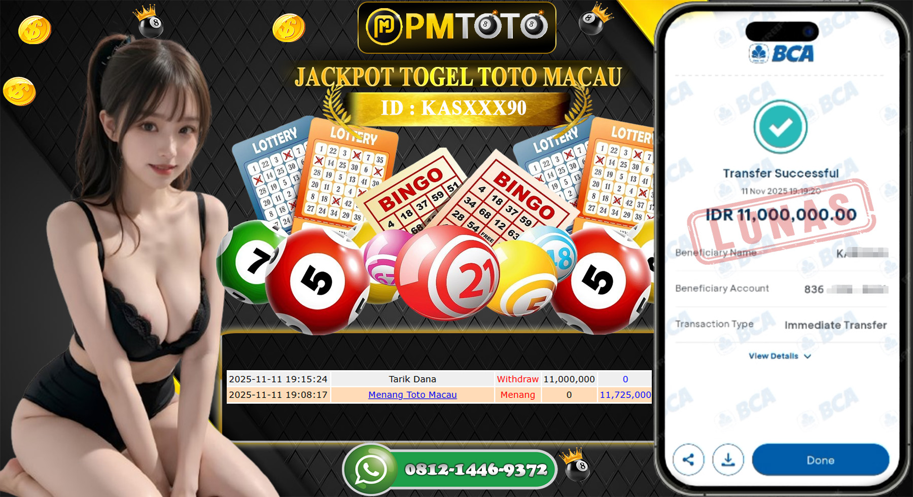 SELAMAT KEPADA MEMBER PMTOTO JACKPOT TOGEL MACAU 4D  Rp.11.000.000.,- LUNAS