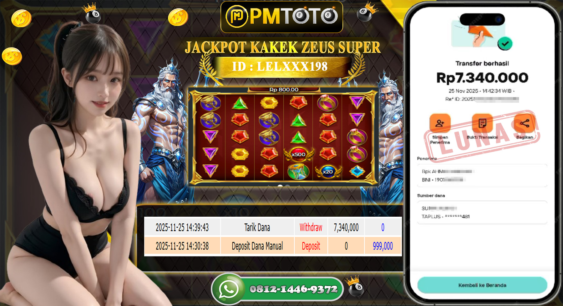 SELAMAT KEPADA MEMBER PMTOTO JACKPOT SLOT ZEUS SUPER Rp.7.340.000.,- LUNAS