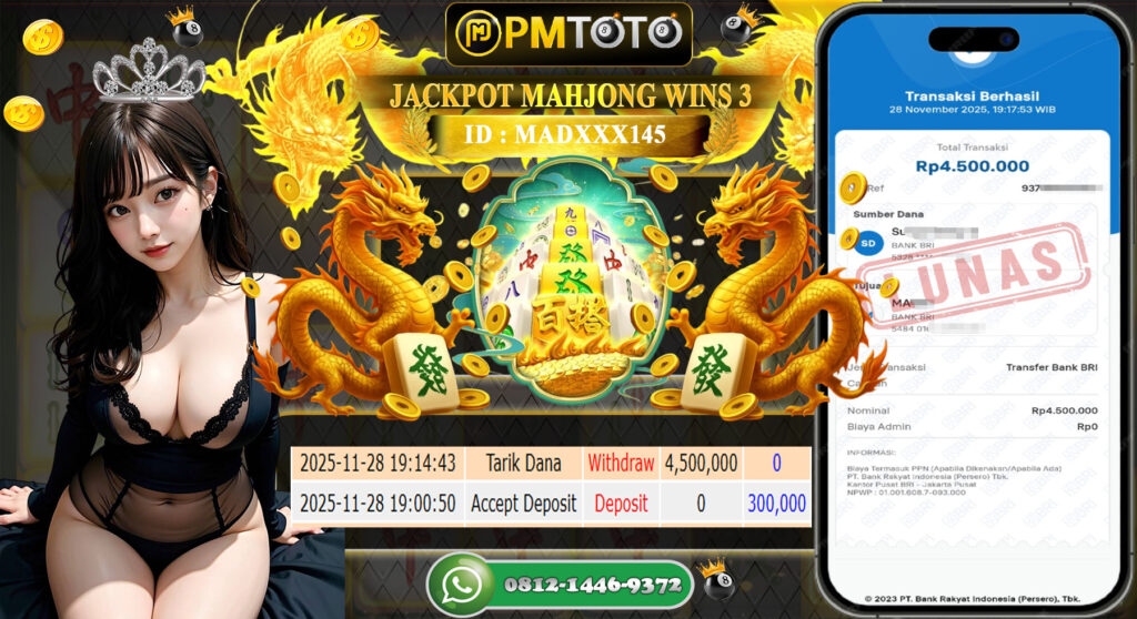 SELAMAT KEPADA MEMBER PMTOTO JACKPOT SLOT MAHJONG 3 Rp.4.500.000.,- LUNAS