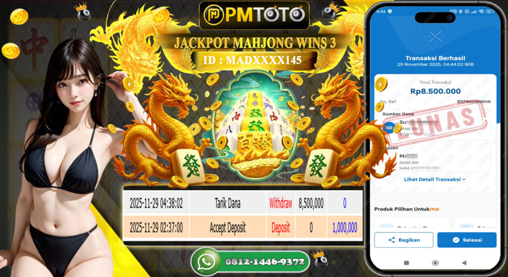 SELAMAT KEPADA MEMBER PMTOTO JACKPOT SLOT MAHJONG WINS 3 Rp.8.500.000.,- LUNAS