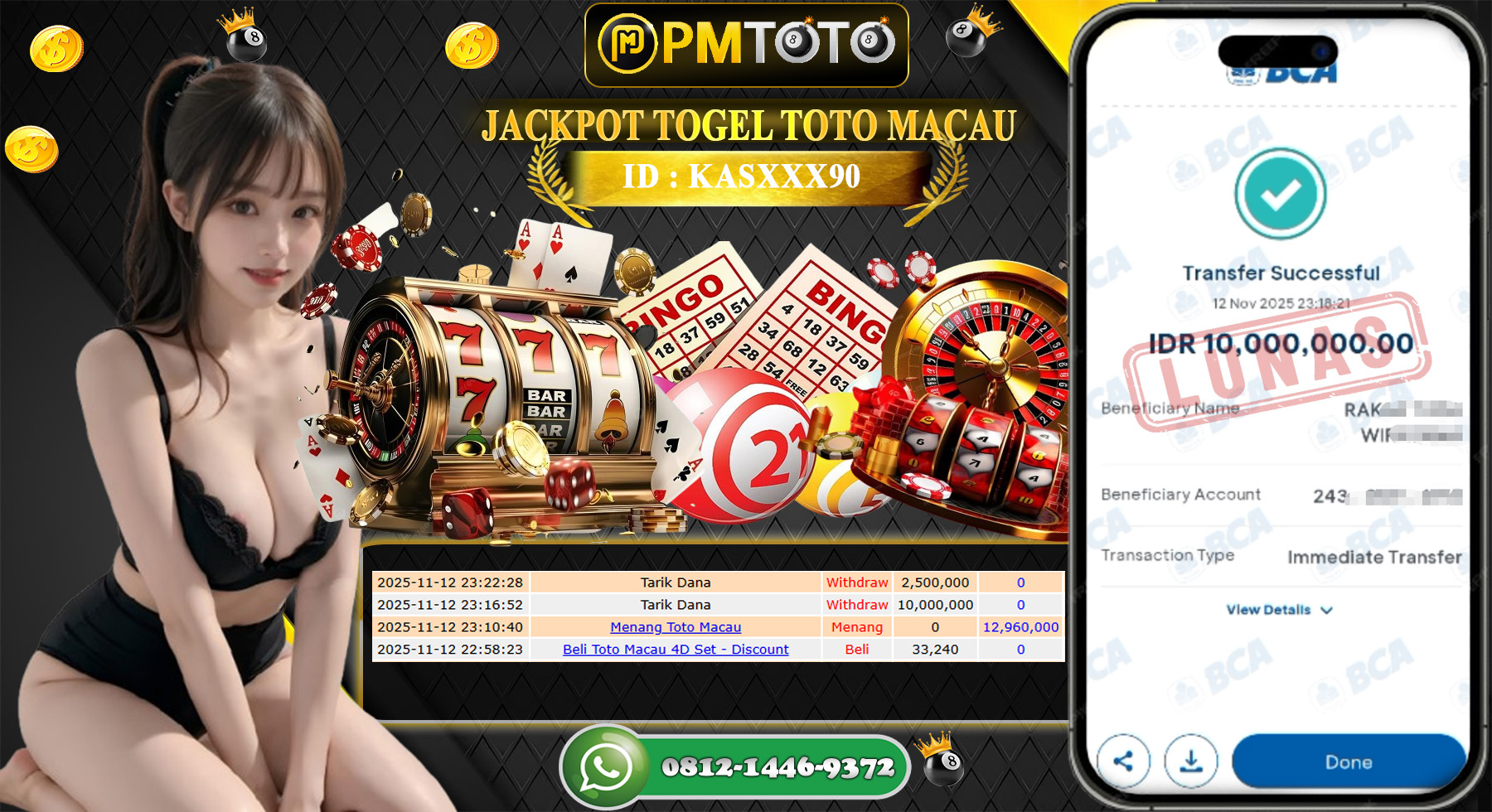 SELAMAT KEPADA MEMBER PMTOTO JACKPOT TOGEL TOTO MACAU 4D Rp.10.000.000.,- LUNAS