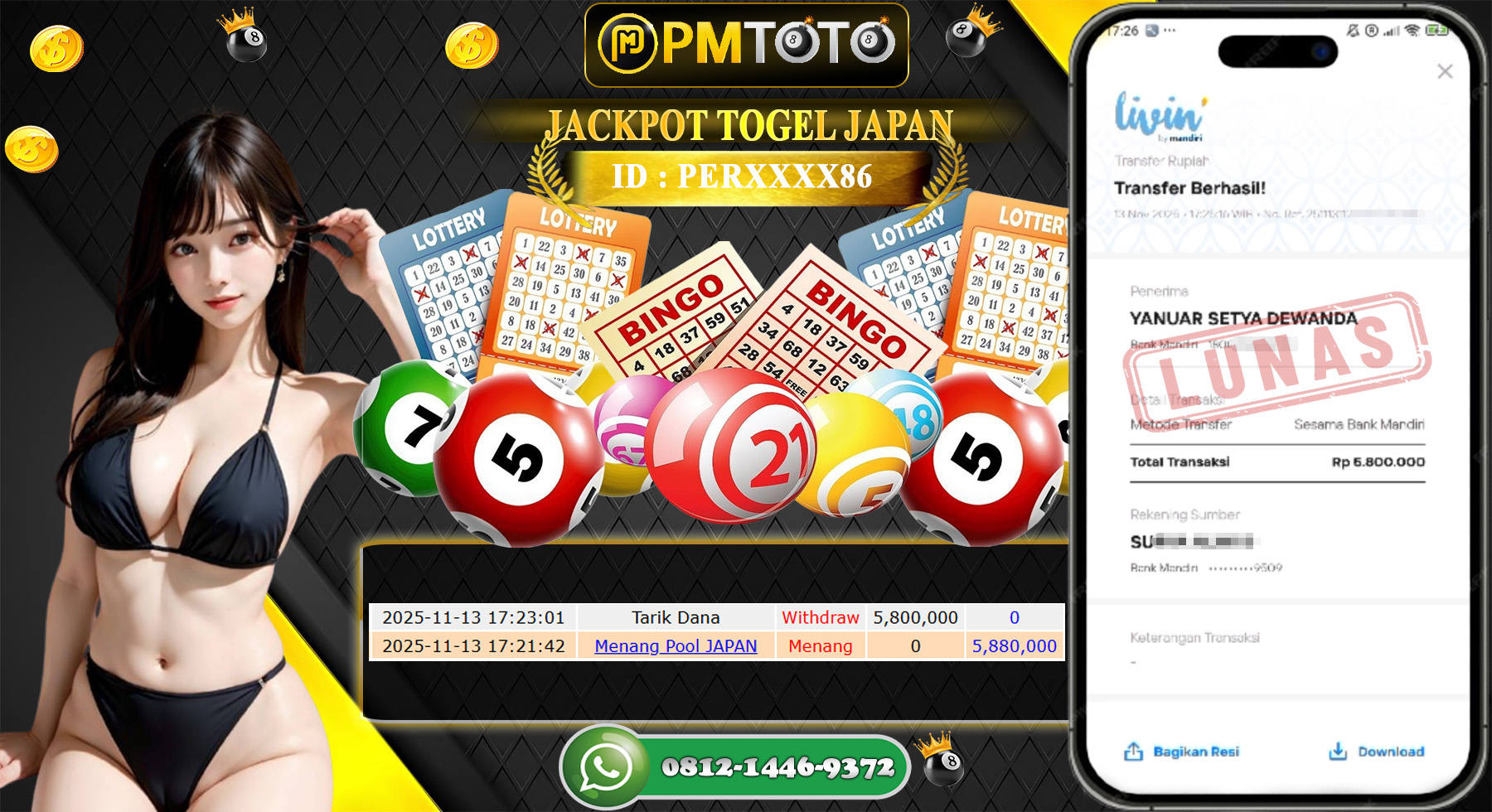 SELAMAT KEPADA MEMBER PMTOTO JACKPOT TOGEL JAPAN 4D Rp.6.800.000.,- LUNAS