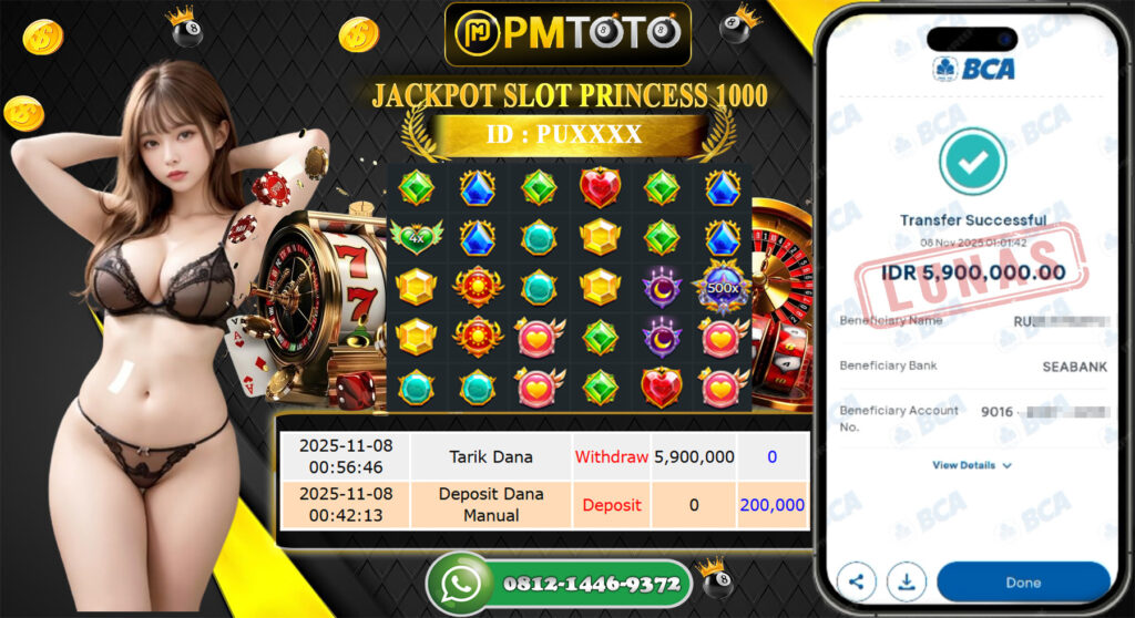 SELAMAT KEPADA MEMBER PMTOTO JACKPOT SLOT Princess 1000  Rp.5.900.000.,- LUNAS