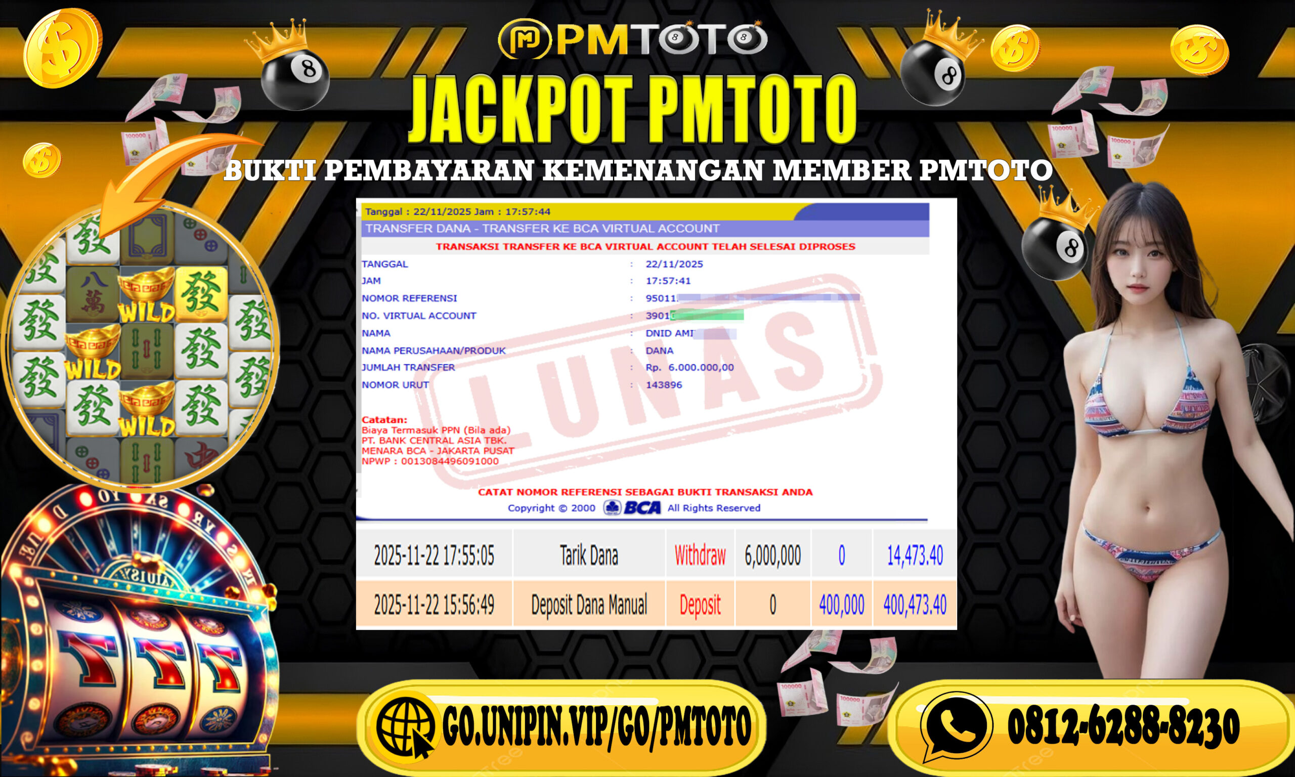 SELAMAT KEPADA MEMBER PMTOTO JACKPOT SLOT MAHJONG 2 Rp.6.000.000.,- LUNAS