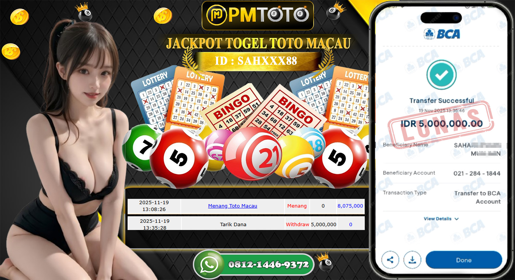 SELAMAT KEPADA MEMBER PMTOTO JACKPOT TOGEL TOTO MACAU 4D Rp.5.000.000.,- LUNAS