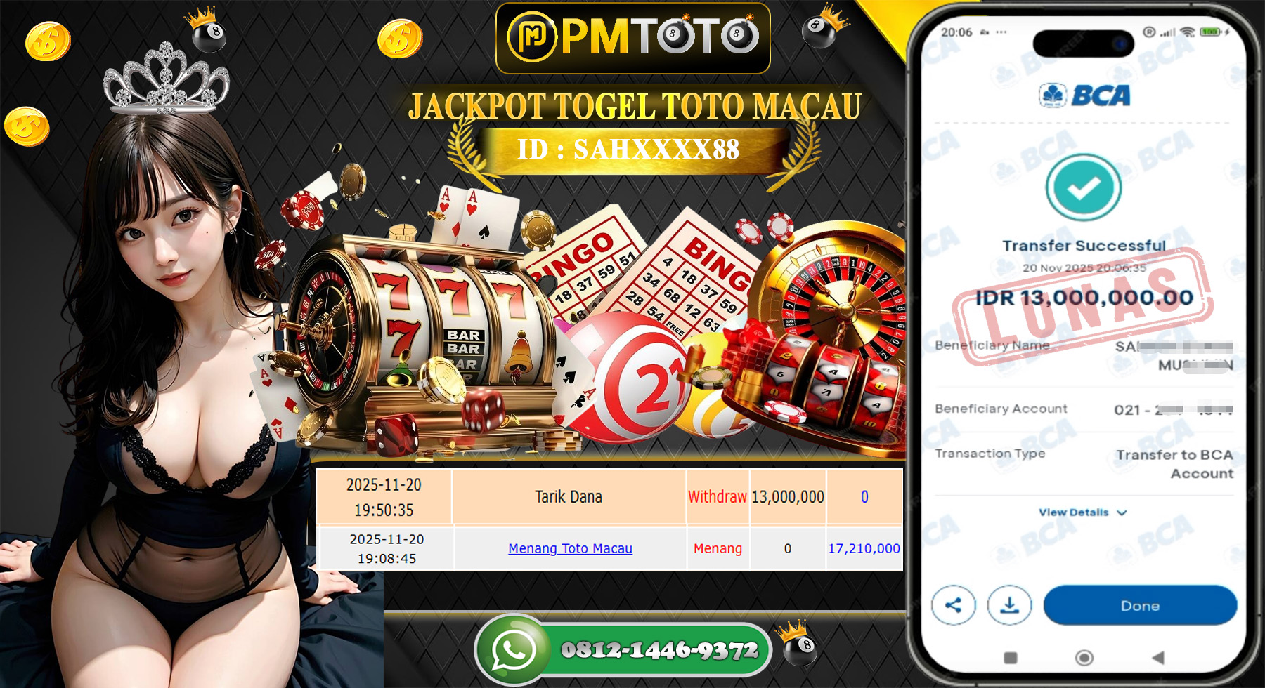 SELAMAT KEPADA MEMBER PMTOTO JACKPOT TOGEL TOTO MACAU 4D Rp.13.000.000.,- LUNAS