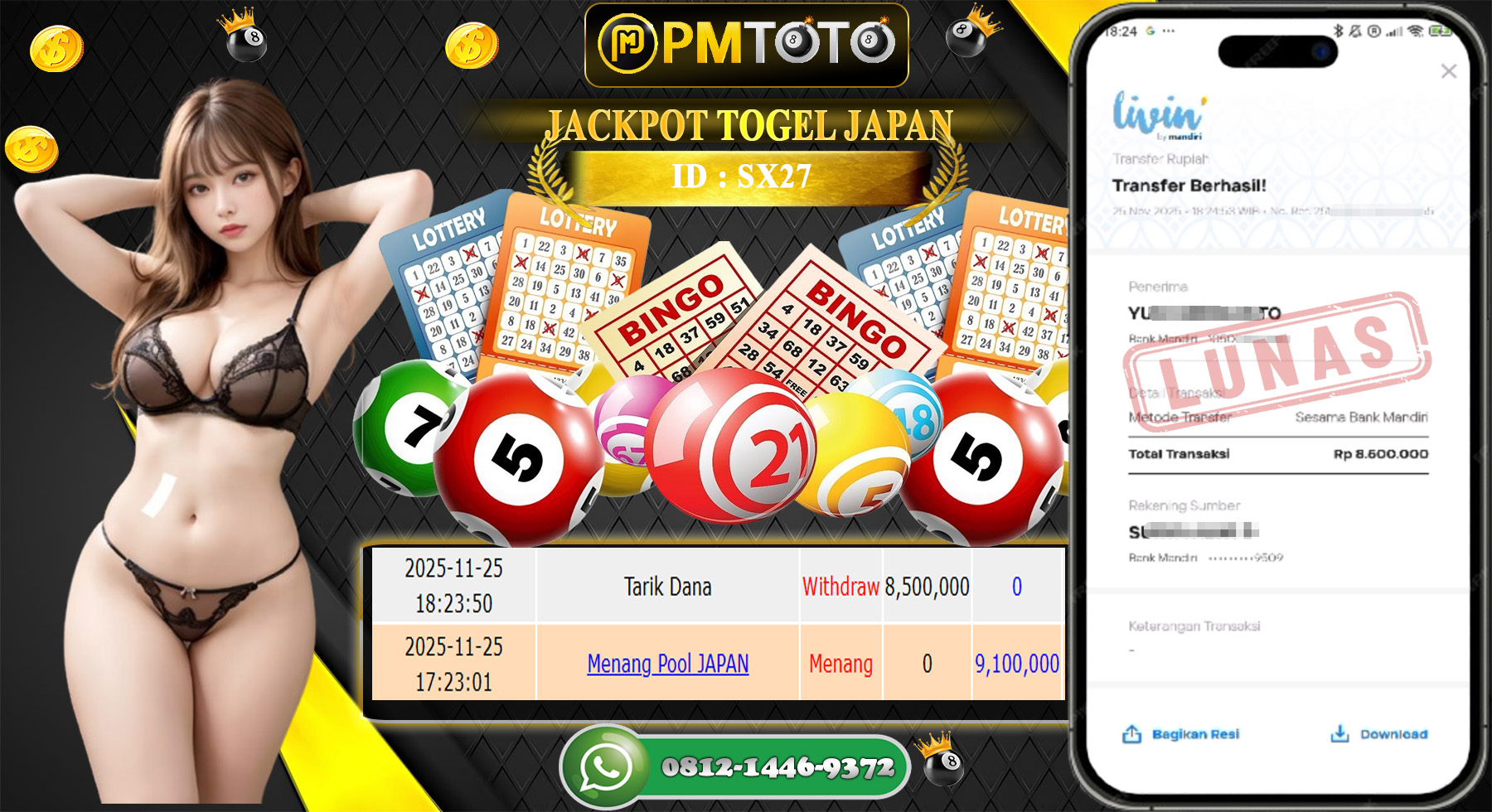 SELAMAT KEPADA MEMBER PMTOTO JACKPOT TOGEL JAPAN Rp.8.600.000.,- LUNAS
