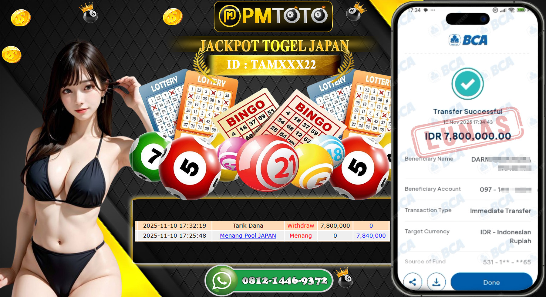 SELAMAT KEPADA MEMBER PMTOTO JACKPOT TOGEL JAPAN Rp.7.800.000.,- LUNAS