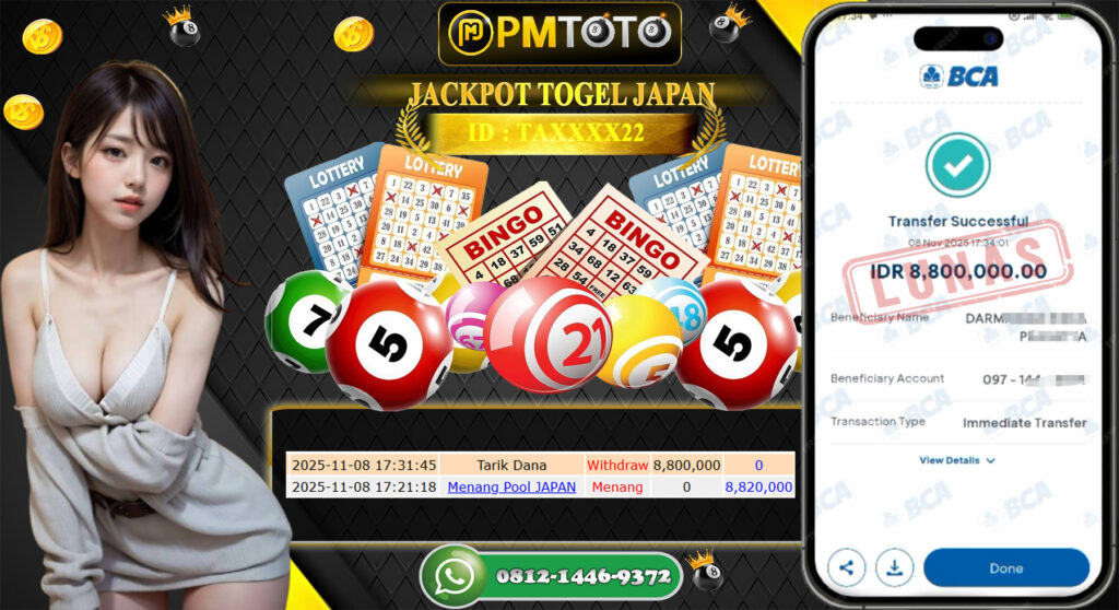 SELAMAT KEPADA MEMBER PMTOTO JACKPOT TOGEL JAPAN Rp.8.800.000.,- LUNAS