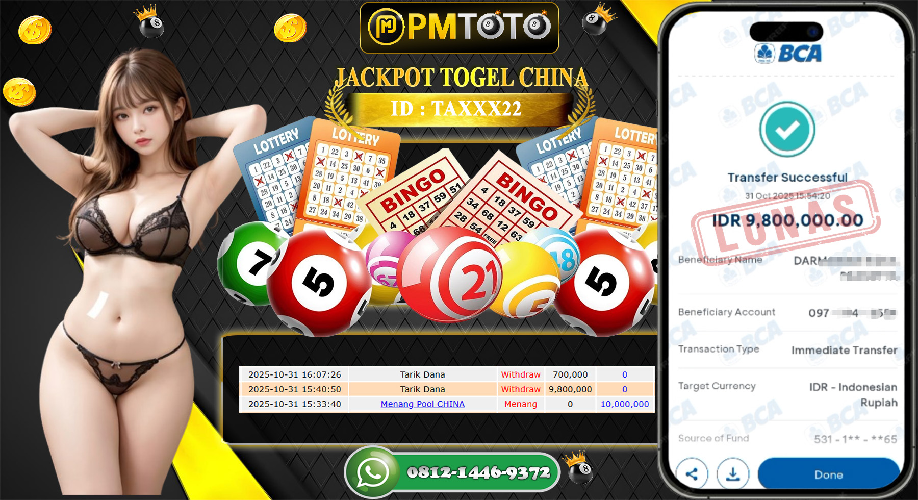 SELAMAT KEPADA MEMBER PMTOTO JACKPOT CHINA Rp.9.800.000.,- LUNAS