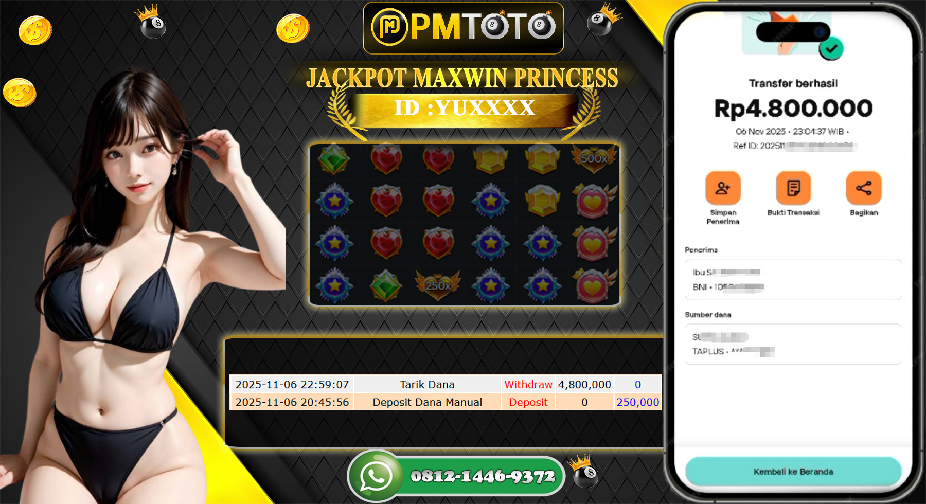 SELAMAT KEPADA MEMBER PMTOTO JACKPOT SLOT PRINCES  Rp.4.800.000.,- LUNAS
